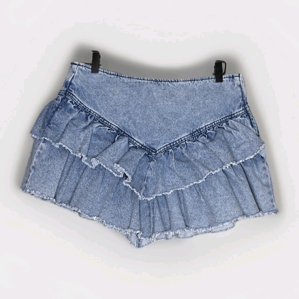 Miami Denim Ruffle Mini Skirt Layered Raw Edge Medium Wash 80s Rock Western Lg